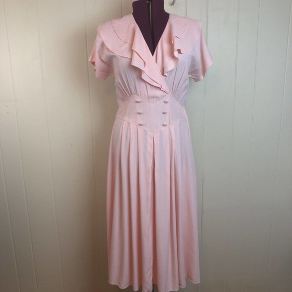 Nina Piccalino Dresses & Skirts - Vintage 80s 90s Rockabilly V Neck Ruffle Dress 12 Pastel Secretary Librarian